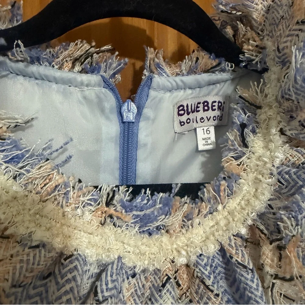 Blueberi Boulevard Boucle Blue and Cream Plaid Tweed Sleeveless Dress 16